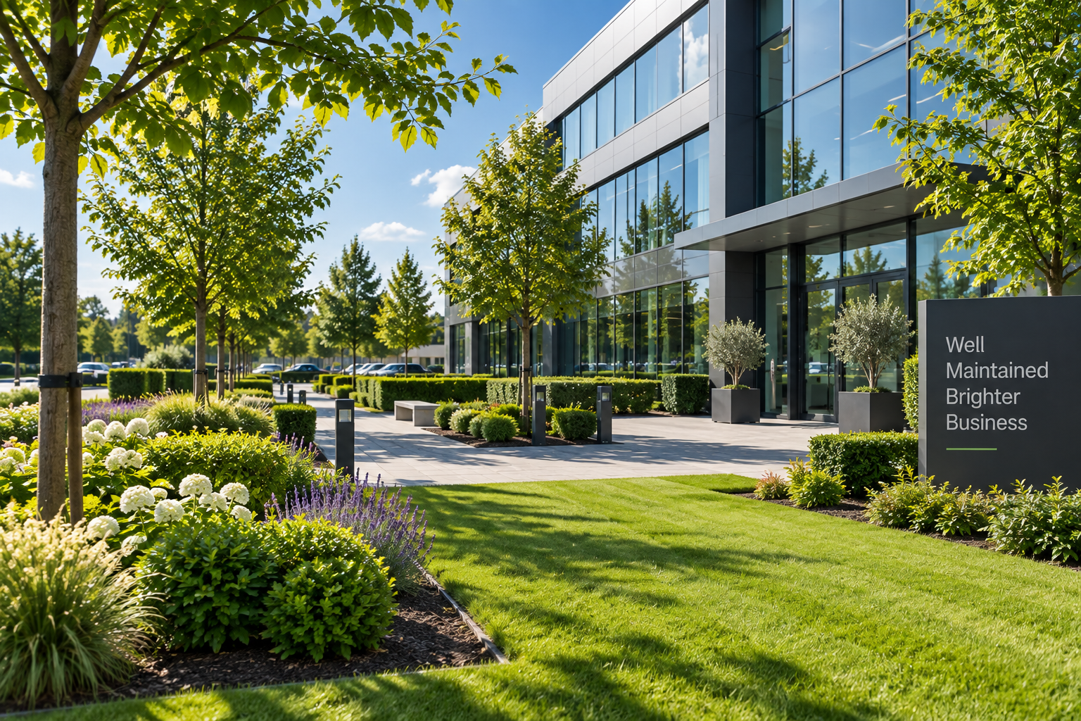 Landscaped grounds surrounding modern commercial premises